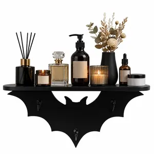 Bat Wall Shelf with Hanging Hooks, Bat-shaped wall-mounted storage shelf,Wooden Key Hook, Gothic Wooden Home Decor for Entryway, Bedroom, Kitchen & Living Room