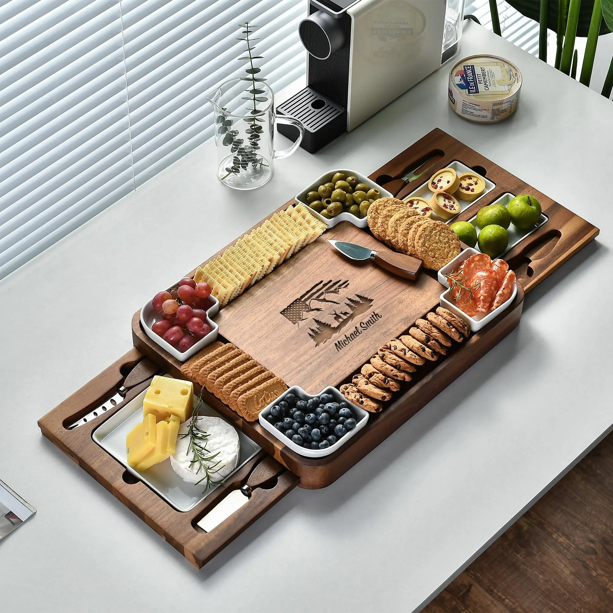 Wooden Serving Board for Foods, Food Serving Platter, Cheese Board with Cutlery Set, Charcuterie Board Personalized with Engraving Home Gift