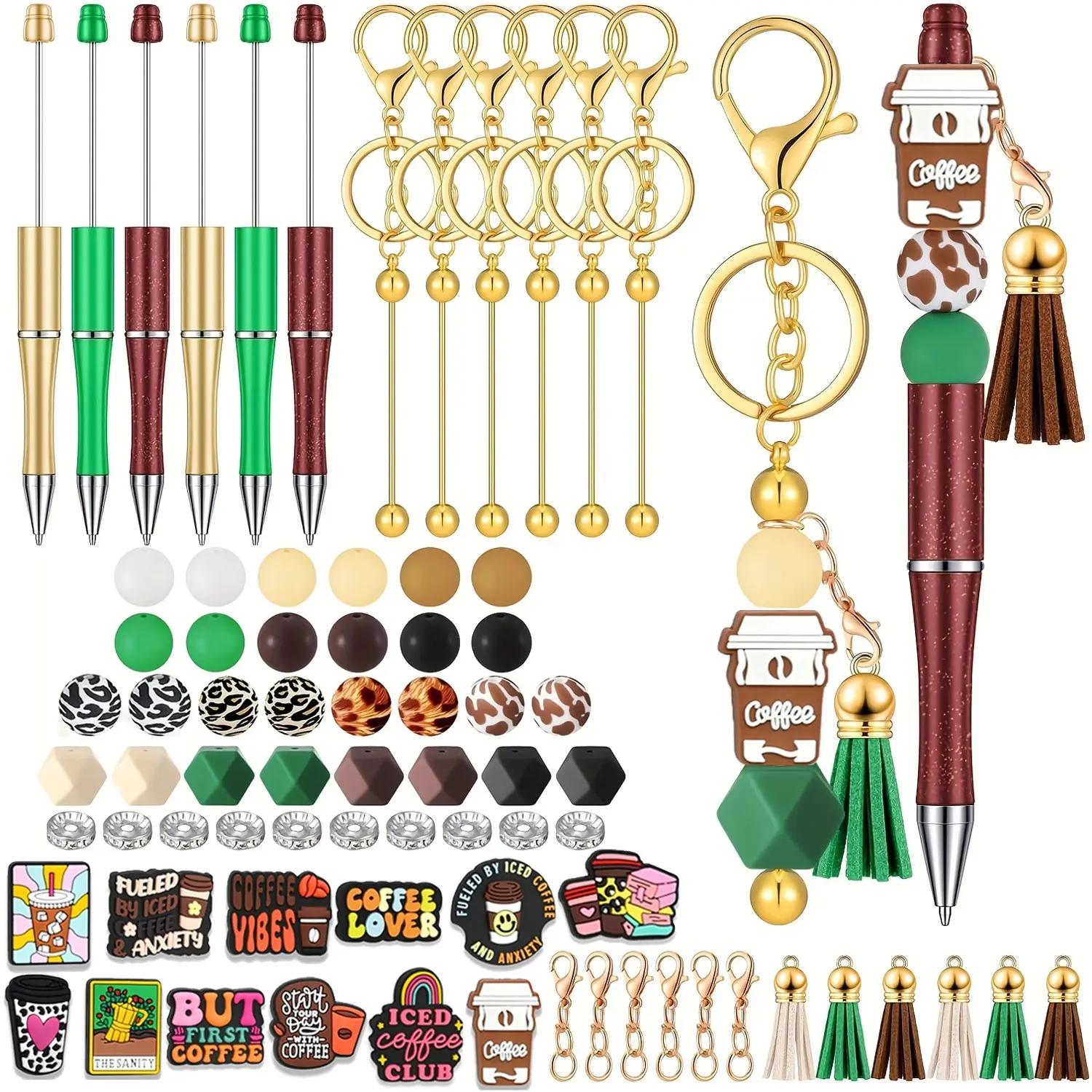 88PCS Coffee Theme Beadable Pen and Keychain Kit, 6 Pens, 52 Beads and Spacers, 12 Lobster Clasps and 12 Tassels DIY Craft Gift Set for Women, Keychain Pendant, Keychain Accessories