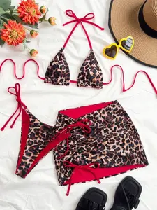 Plus Size Women's Reversible Leopard Print & Red Color Matching Bikini 3 Pieces Set for Summer Beach Vacation Cheetah Print Halter Top & Skirt Bottoms