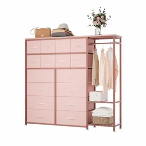 [FLASH SALE] Garvee 16 Drawers Dresser with Clothes Rack, Freestanding Closet Organizer for Hanging Clothes, Tall Fabric Chests with Wardrobe Clothing Rack, 2 Storage Shelves for Bedroom Living Room, Pink,White
