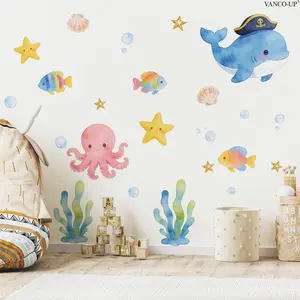 Set of 2 Pieces (30*60cm*2pcs) Watercolor Underwater Whale and Octopus Wall Stickers, Ocean Style Wall Decor Decals for Kids' Room