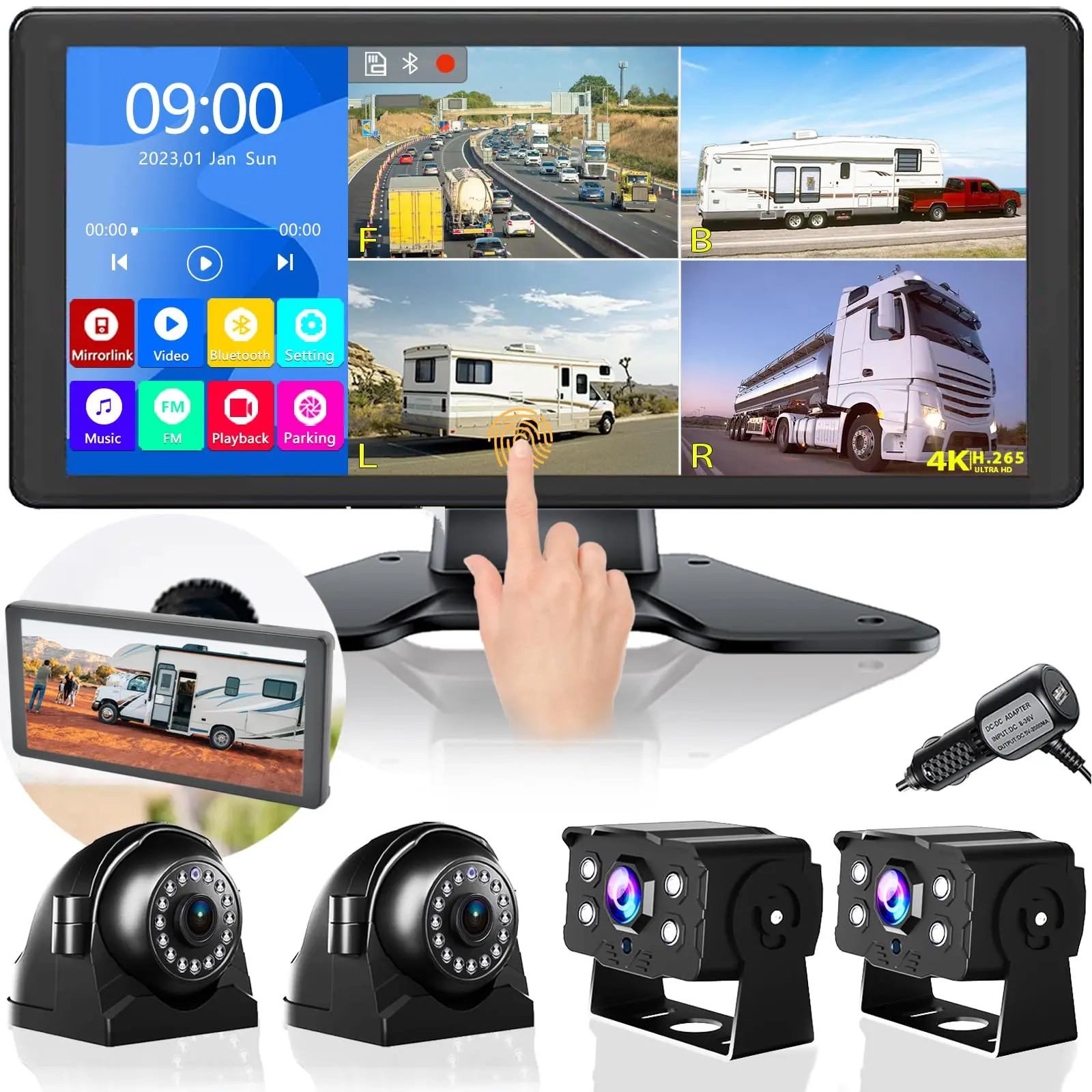 VOONOA 4K RV Backup Camera System 10.36" Quad Split Touch Screen Monitor with 4 1080P Rear Side View Camera, DVR Recording Bluetooth MP3 MP5 IP69 Waterproof Night Vision for RV Truck Trailer Tractor Magnetic Solar