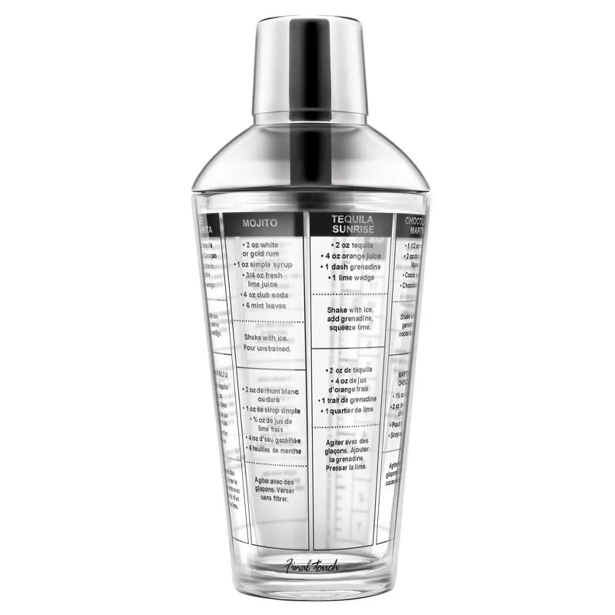 212 MAIN Classic Bar Cocktail Shaker, 8.7 in, 16oz Glass & Stainless Steel Kitchenware Bar Utensil with Printed Recipe, Bar Cocktail Shakers