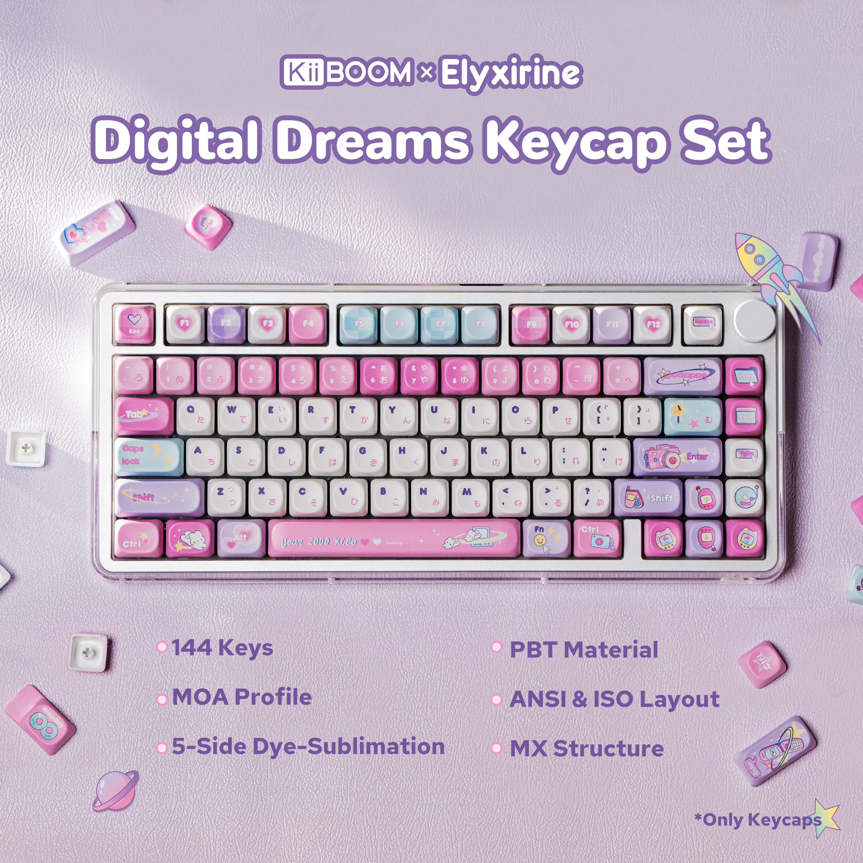 KiiBOOM x Elyxirine Digital Dreams: Pastel Y2K Keycap Set 144 MOA Profile Keycaps 5-Side Dye-Sublimation PBT for ANSI/ISO Layout keyboard accessories Tiktokshopstockup Tiktokshopmothersday