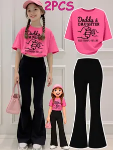 2PCS  Tween Girls Clothes T-Shirt Set  Daddy And Daughter Best Friends For Life Print Girl Clothes Short-Sleeved Round Neck T-Shirt Bell Bottom Pants Set Perfect For Outdoor  Kids Clothes