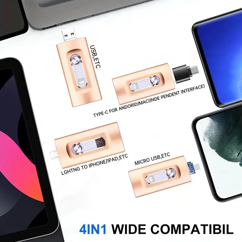 Ultra-Fast Flash Drive for iPhone & Type-C OTG USB 3.0, Portable Flash Drive, Type C Pendrive, 4-In-1 Memory Stick, USB Flash Drives, Usb Storage Flash, Usb External Memory, Available in 64GB/128GB/256GB/512gb, Ideal Gift