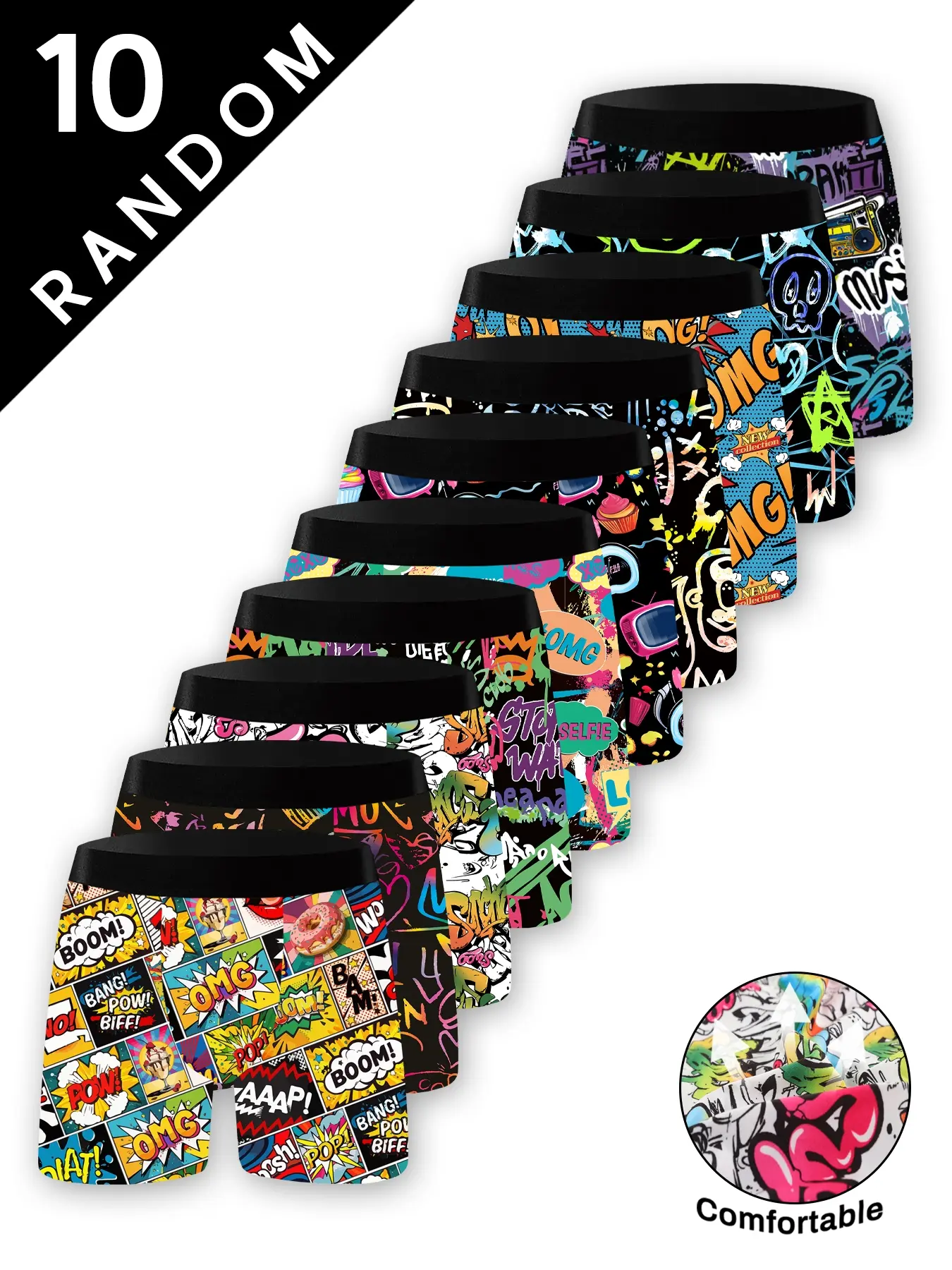 10 Random Men's Graffiti Boxer Shorts, Colorful Fun Print, Comfortable Fit, Breathable Fabric for Everyday Wear, Stretch Boxer Shorts, Streetwear Underwear, Street Style Underwear