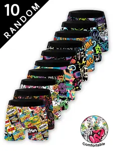 10 Random Men's Graffiti Boxer Shorts, Colorful Fun Print, Comfortable Fit, Breathable Fabric for Everyday Wear, Stretch Boxer Shorts, Street Style Underwear