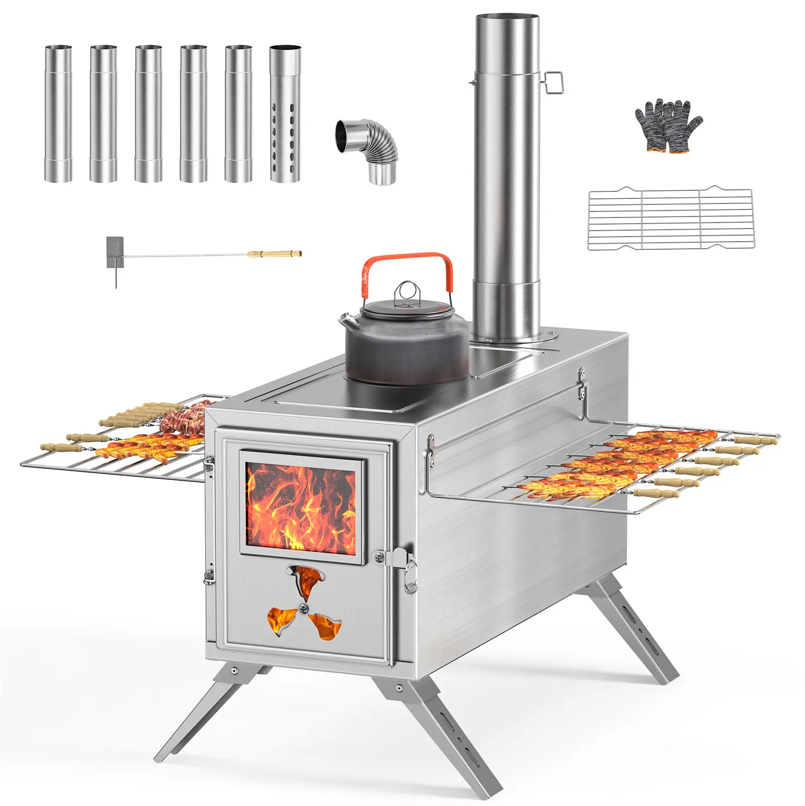 ABORON Hot Tent Stove, Portable Camping Wood Stove Stainless Steel Wood Burning Stove with 7 Chimney Pipes for Outdoor Cooking, Ice Fishing, Hunting, Boiling Water sohochic