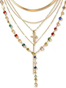 5pcs 14k Cross Necklaces for Women, Pendant Stacked Layered Diamond Y Long Boho Jewelry Sets, Adjustable Accessories, Trendy Gifts, Statement Necklace, Stacking Necklace