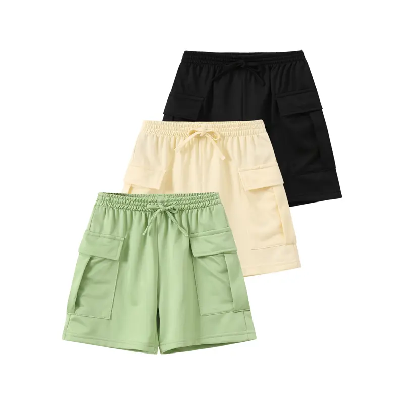Girls' 3-Piece Summer Basic Solid Color Cargo Shorts - Sporty Chic, Casual Fits, Comfortable Versatile Kids' Bottoms
