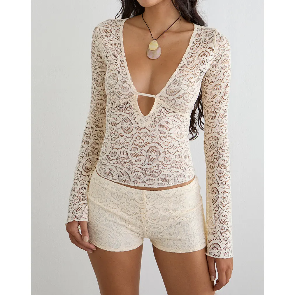 Mahota Deep Plunge Long Sleeve Top in Lace Ivory
