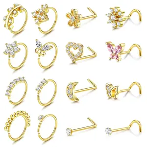 CASSIECA 16Pcs Nose Ring Nose Stud Stainless Steel Nose Piercing Nose Rings Hoop CZ Septum Rings Lip Rings Black Gold Silver Color Nose Rings for Women Men, Nose Piercings, Body Jewelry Set