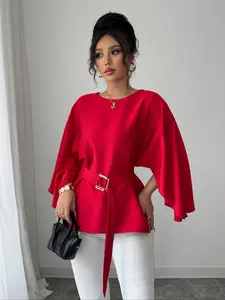 Women's Plain Belted Blouse, Elegant Round Neck Long Sleeve Top for Daily Wear, Ladies Clothes for All Seasons Womenswear