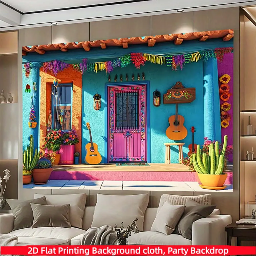 1PC, Mexican Fiesta Party Backdrop, Colorful Mexico Street with Guitar and Cactus Theme Photography Background, Durable Polyester Fabric, Suitable for Photo Booth, Cinco De Mayo, Birthday and Indoor Outdoor Home Wall Decor