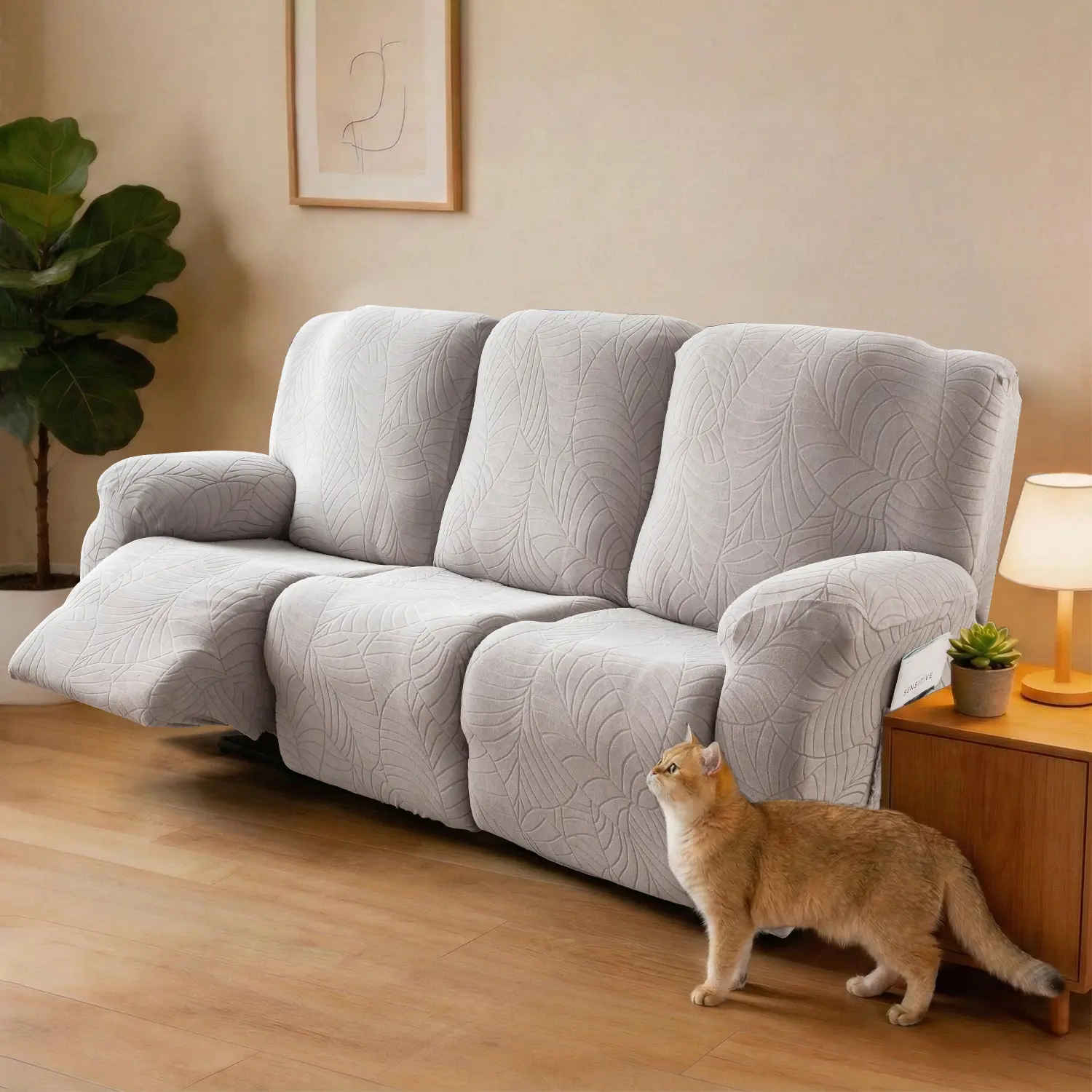 3 Seats Leaf Pattern Jacquard Design Stretch Fabric Recliner Cover, Non-Slip Removable Washable Cozy Furniture Protector for Home, Living Room