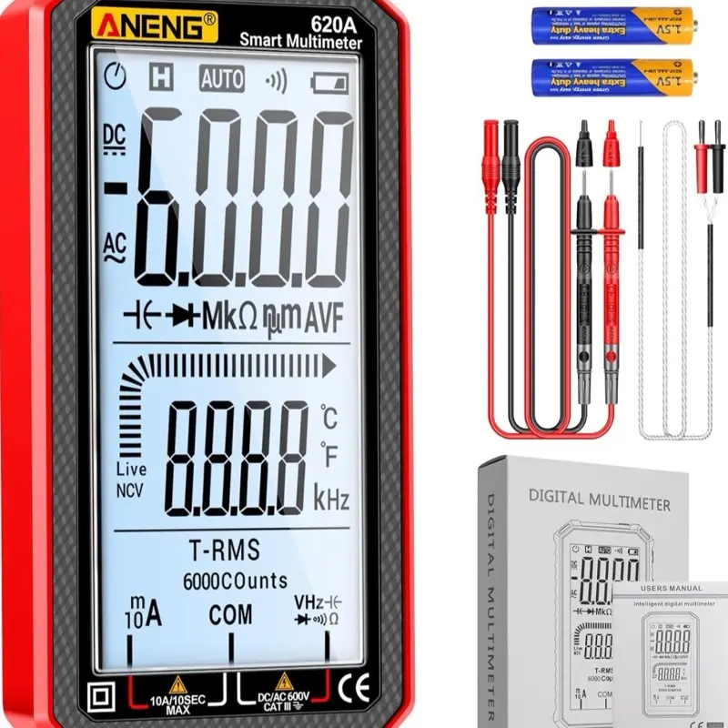 Digital Multimeter, Voltmeter Smart Electrical Tester 6000 Counts with LCD, Measures AC/DC Current, Voltage, Resistance Temperature for Electricians DIY (620A Red)