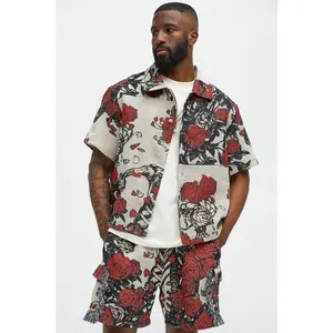 Petals Tapestry Short Sleeve Button Up Shirt - Red/combo