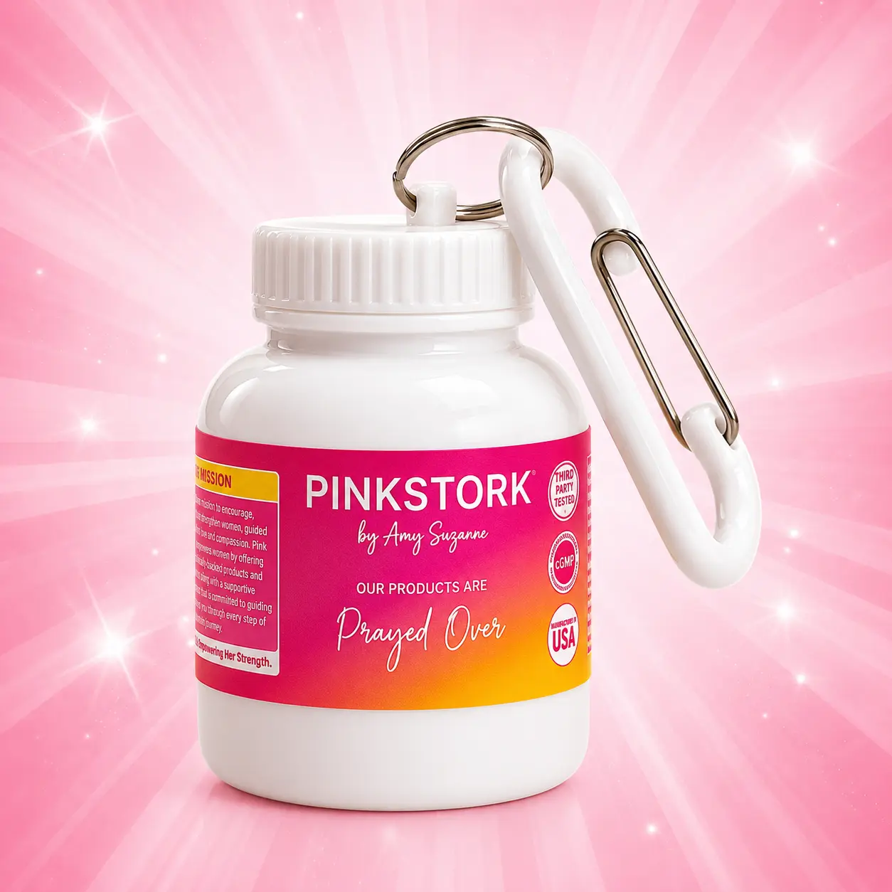 Pink Stork Collectible Jar with Hook - Bag Charm Key Chain, Travel Storage Bottle, Prayed Over Home Organizer for Women