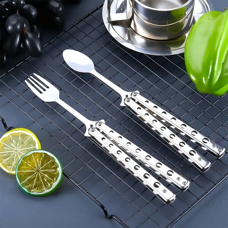 Stainless Steel 2-Piece Butterfly Folding Cutlery Set - Spoon and Fork, Lightweight Compact Tableware for Travel, Camping, Hiking