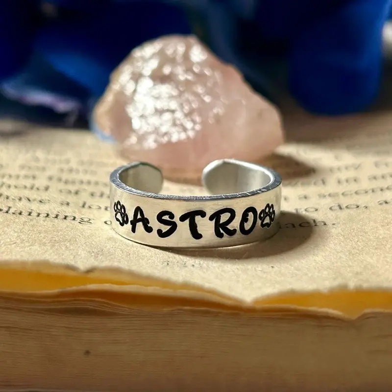 Adjustable Custom Pet Name Ring with Paw Prints - Lightweight Aluminum, Tarnish Resistant, Available in Multiple Sizes, Customizable Name Option