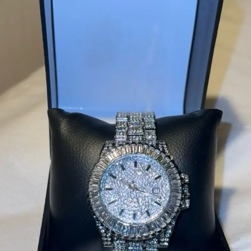 Luxury Diamond Encrusted Watch with Silver Band  for Men