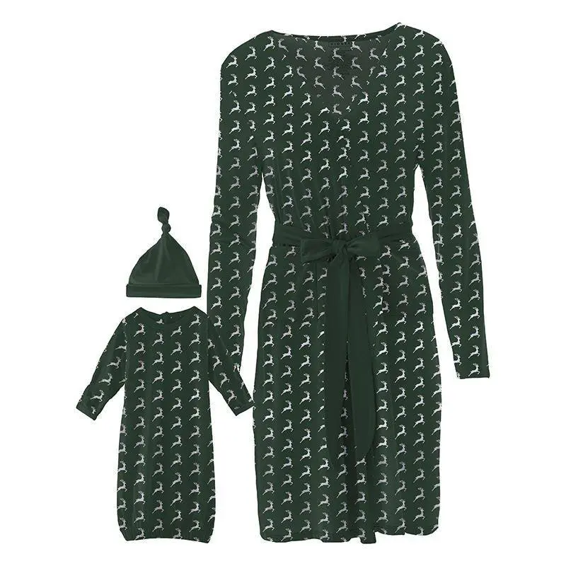 Women's Print Bamboo Maternity/Nursing Robe & Layette Gown Set - Mountain View Reindeer