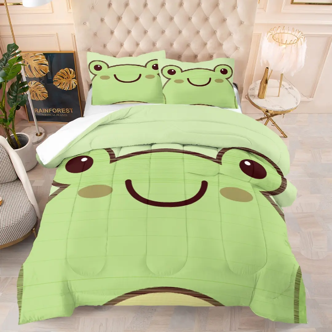 Cartoon frog pattern quilt with cotton, includes 1 quilt and 1 or 2 core-free pillowcases, suitable for home or dormitory decoration, very suitable moving gift, Quilt Set
