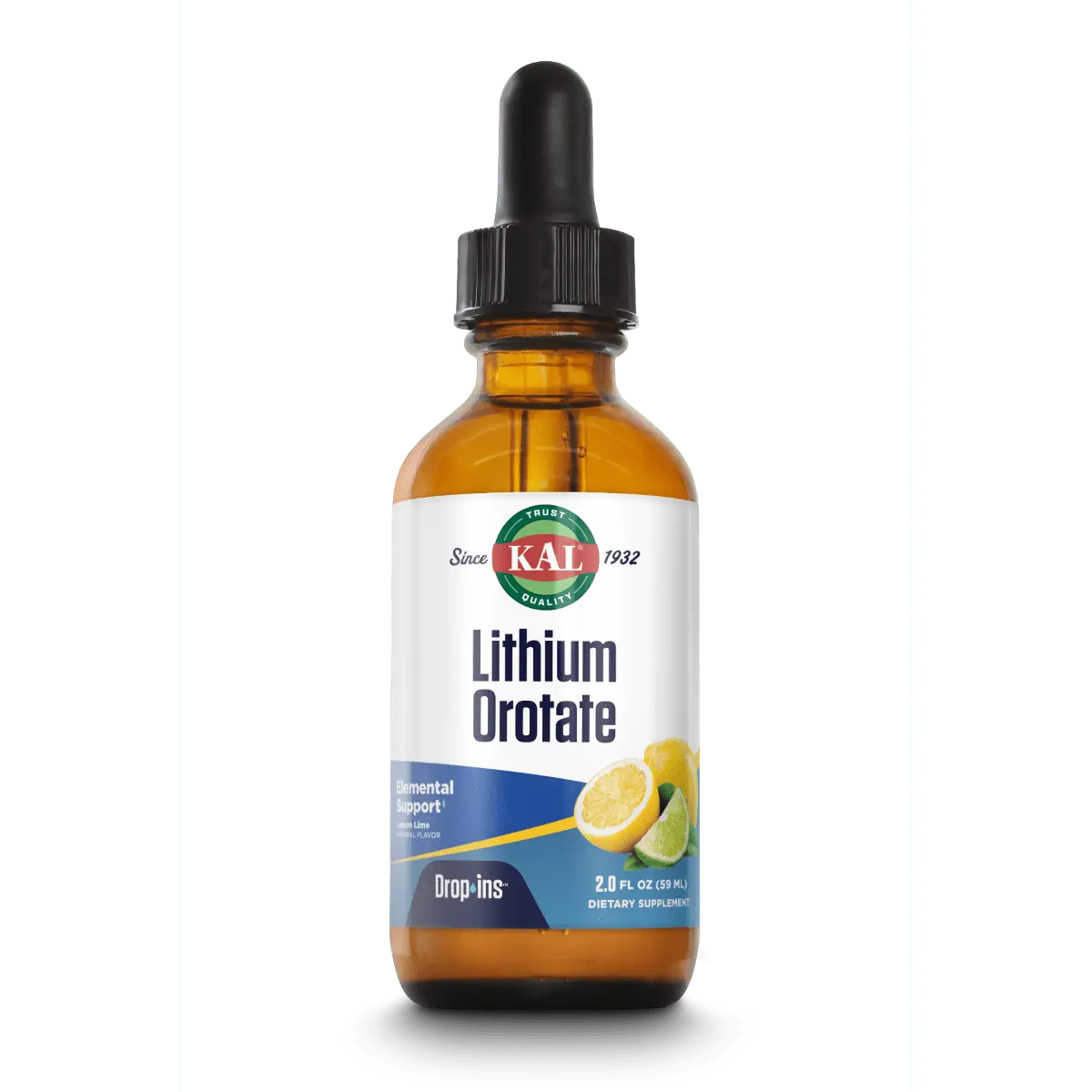 KAL Lithium Orotate DropIns — Liquid Drops Lemon Lime Flavor — 2oz Daily Supplement