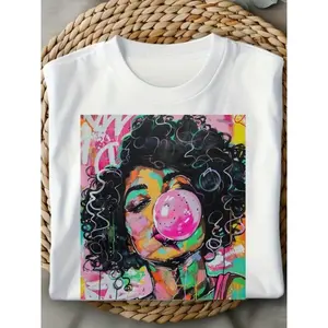 Colorful Afro Girl Bubblegum Graphic Tee For Women Cute Streetwear Oversized Short Sleeve Crewneck Casual Summer Outfit Soft Breathable Everyday Top