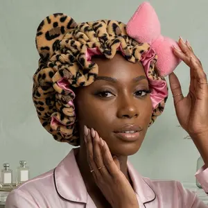 Women's Leopard Print Plush 3D Cat-Ear Headband with Bow - Quick-Drying Hair Wrap Sleep Cap for Nighttime Use, Sports & Outdoor Headbands