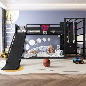 [Bellemave]（2 packages）Twin /Fullsize metal loft/bunk bed with basketball hoop, pull-up rings, climbing wall, and built-in bookshelves. Playful children's design featuring a slide,Black.