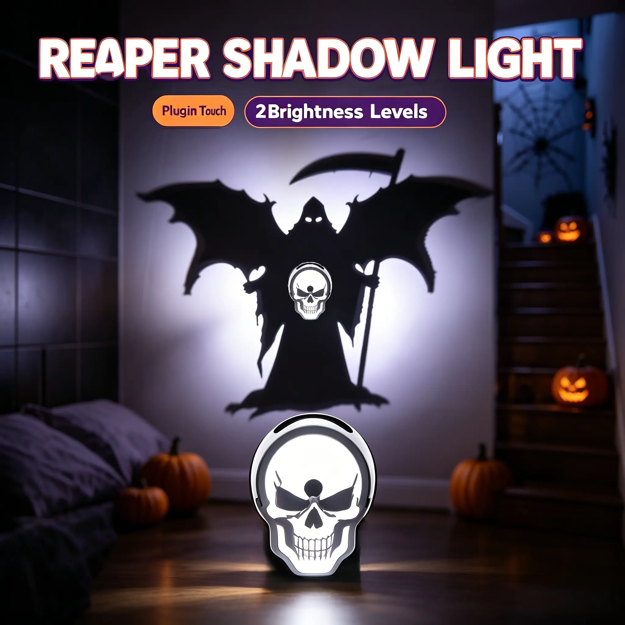 Grim Reaper Shadow Projector Night Light, Touch Control Rechargeable LED Spooky Skull Lamp Wireless Wall Atmosphere Light Suitable for Bedroom, Bathroom, Dorm, Entryway and Halloween Party Decor