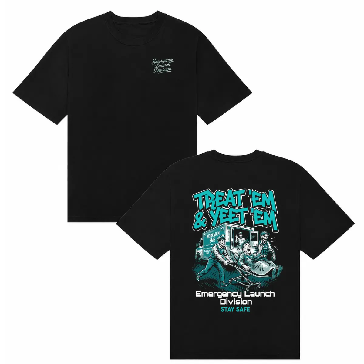 Menswear Casual Short-Sleeve Round Neck Streetwear TREAT EM & YEET EM EMS Neon Ambulance Skeleton Graphic T-Shirt, Funny Emergency Medical Humor Paramedic Blue Collar Tee, Black