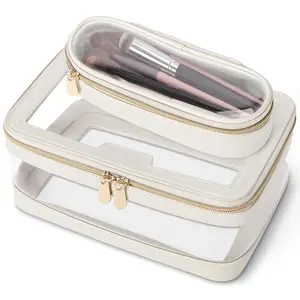 Travel Clear Makeup Bag with Makeup Brush Bag, Leather Makeup Case Toiletry Bag, Portable Cosmetic Bag Case, Transparent Waterproof Cosmetic Organizer Storage Bag for Women,