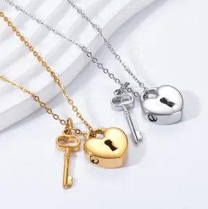 Quality Stainless Steel Cremation Keepsake Heart Lock & Key Pendant Necklace