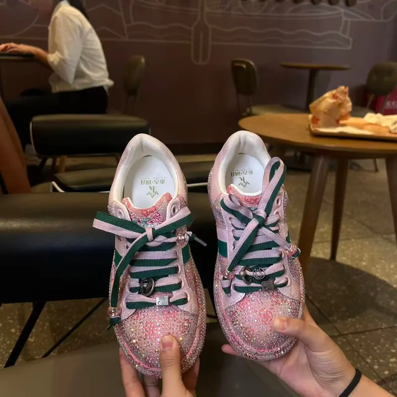 Glittery Pink Low - Top Sneakers for Women Women's Shiny Pink Platform Casual Shoes Stylish Pink Glitter Platform Women's Sneakers Girl Trainer Girl Girl Trainer Runner Athletic Training Footwear Closed Running