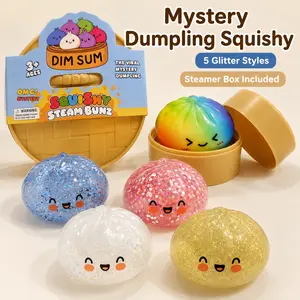 1PC Glitter Dumpling Squishy Blind Box, Soft TPR Bun Fidget Toy with Steamer Box, Random Style Stress Relief Toy, Cute Gift for Kids & Adults