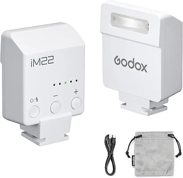 Godox iM22 Mini Camera Flash Accessory - 440 Full-Power Flashes, Single-Contact Hot Shoe, Lithium Inbuilt Battery, Compatible with Fujifilm, Sony, Nikon, Canon, Olympus Cameras (White)