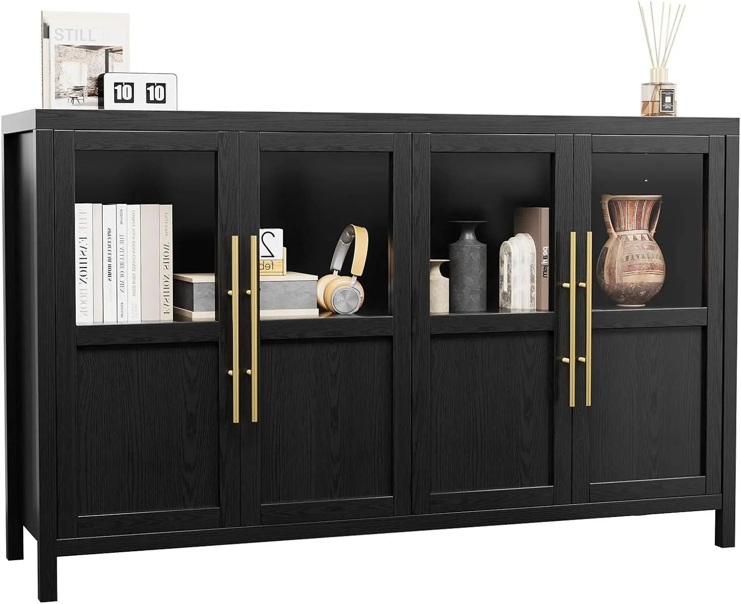 55-Inch Black Modern Farmhouse Tall Sideboard Buffets Cabinet - Engineered Wood, 4 Glass Panel Doors, Waterproof Top, Assembly Required, Easy Setup, Large Storage, Flat-Faced, Full-Size, Handled, Indoor Furniture for Kitchen, Dining Room, Storage Furnitur