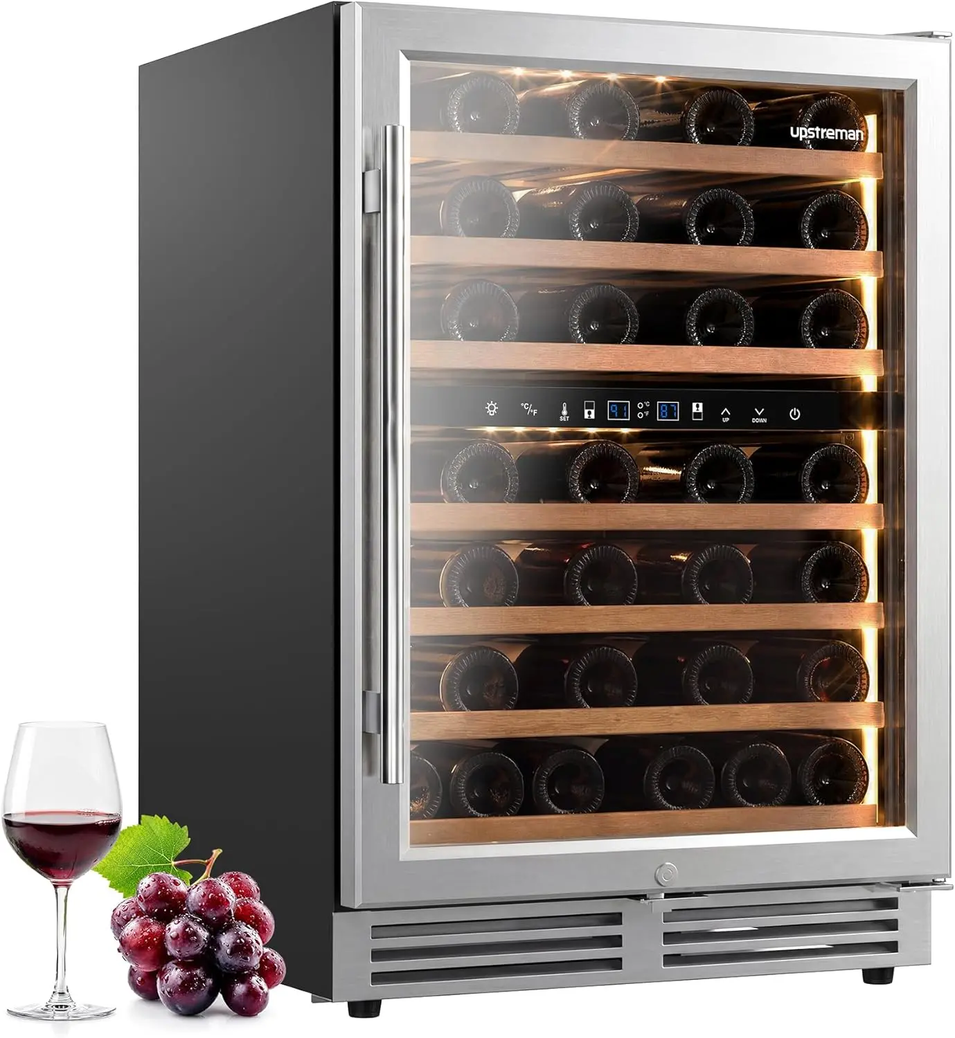 Upstreman 24 Inch Wine Fridge, 54 Bottles Dual Zone Wine Cooler Under Counter, Built-in or Freestanding Wine Fridge with Stainless Steel Glass Door for Home, Bar, or Kitchen-W54