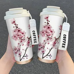 Vintage Sakura 530ML Insulated Cup with Straw, Fashionable Hanging Rope, 316 Stainless Steel, Perfect for Travel and Active Lifestyle