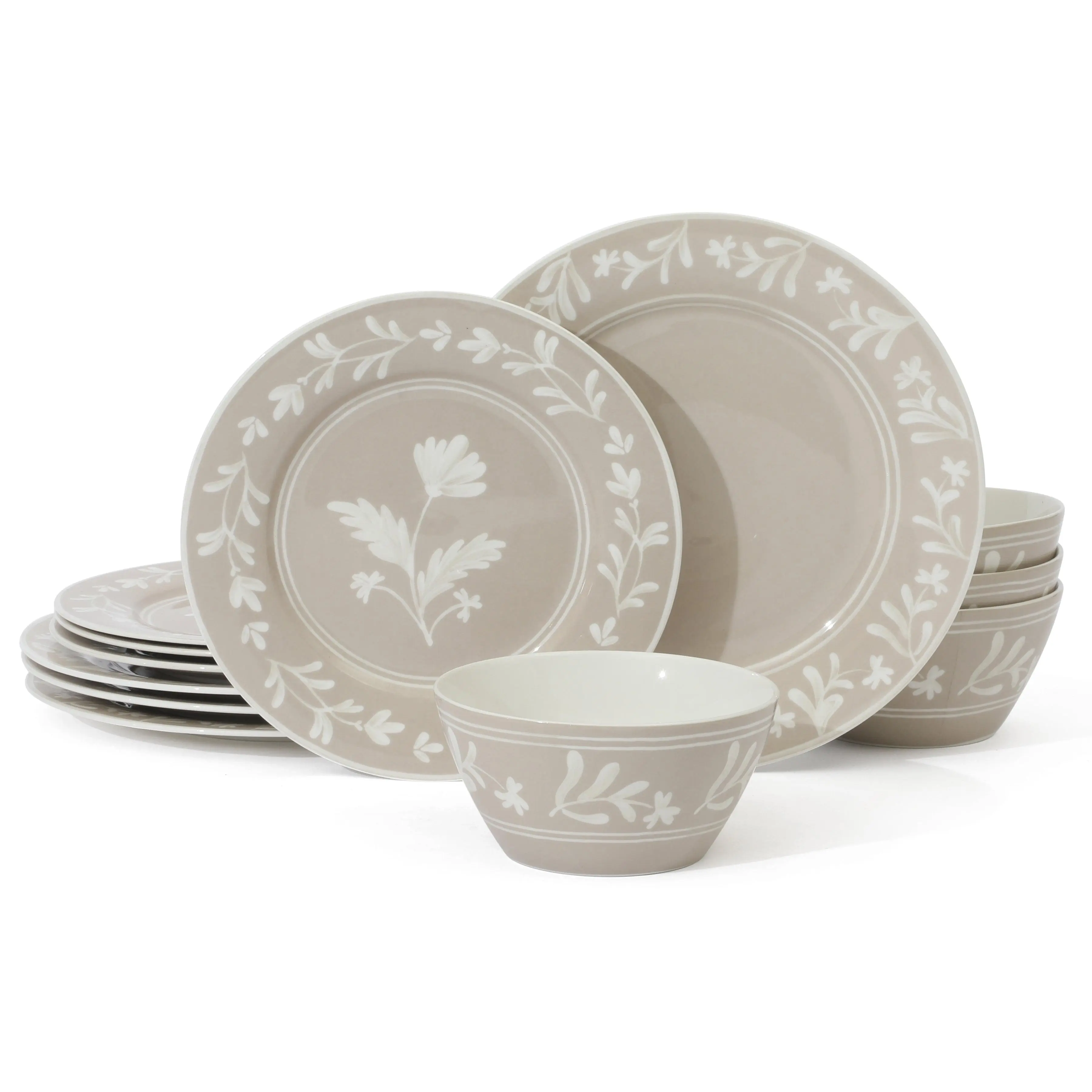 Martha Stewart Maiden Crown 12-Piece Vegan Bone China Dinnerware Set, Floral Plates and Bowls, Service for 4