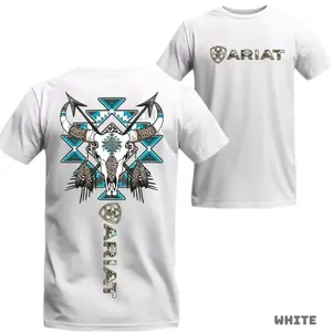 Feathers Graphic with Blue Aztec Patterns – Unisex Tee for Country Style & Ariat Tribal Skull T-Shirt – Western Bull Skull
