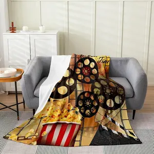 Feelyou Buttery Soft Vintage Cinema Themed Plush Throw Blanket - Multi-Size Flannel Fleece, Old-Fashioned Posters, Popcorn Design, Warm All-Season Bedding Item for Home Decor, Buttery Soft Blankets
