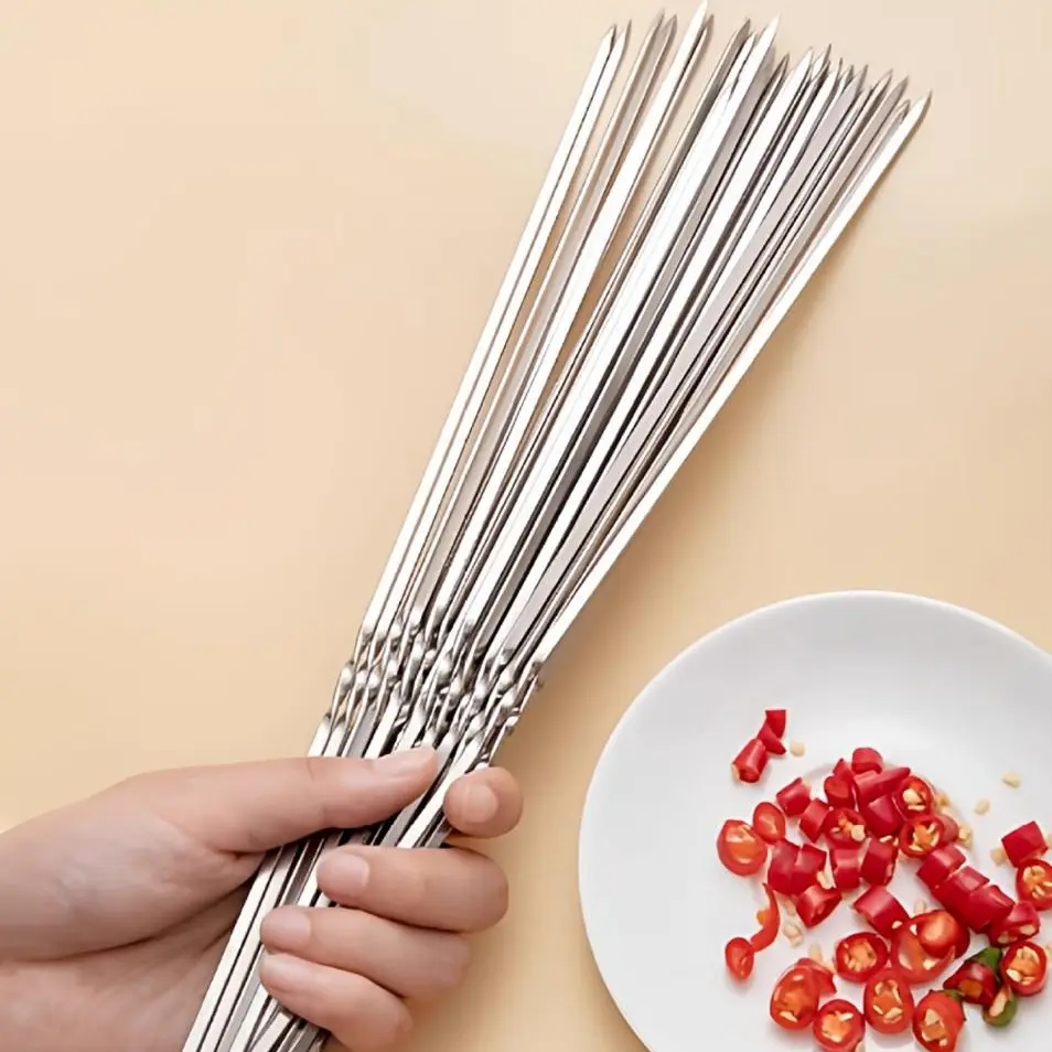 50Pcs Stainless Steel Flat BBQ Skewers Reusable Metal Barbecue Meat Skewer Sticks Outdoor Camping Lamb Kebab Grill Accessories