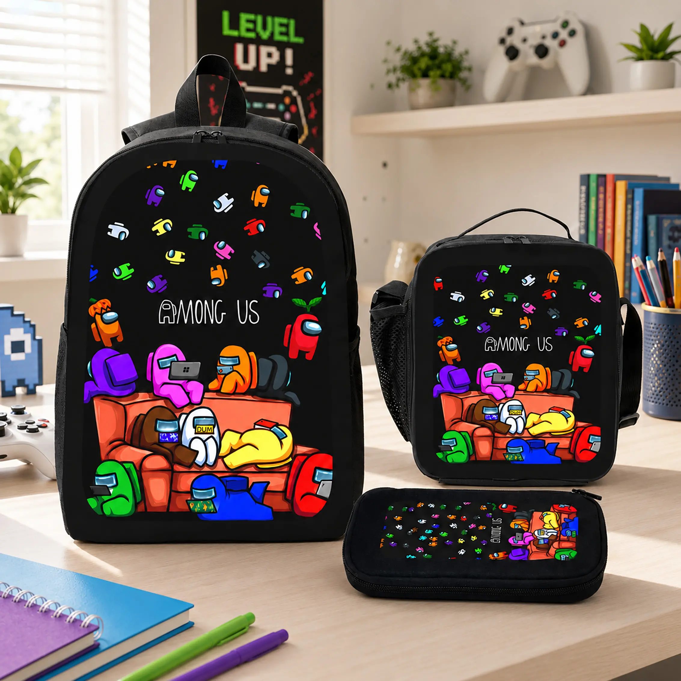 Among Us Game Cartoon Printed Backpack Set Durable Polyester 3 Piece Bookbag Lunch Bag Pencil Case Lightweight Large Capacity Back To School Supplies Travel Daypack For Boys Girls Kids Teens Students Viral Trendy Gaming Gift