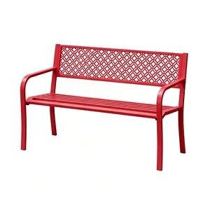 Outdoor Metal Garden Bench 2 Person, 790 Lbs Heavy Duty Steel Patio Bench with Geometric Backrest, Weather Resistant Red Outdoor Seating for Porch, Yard, Deck, Entryway