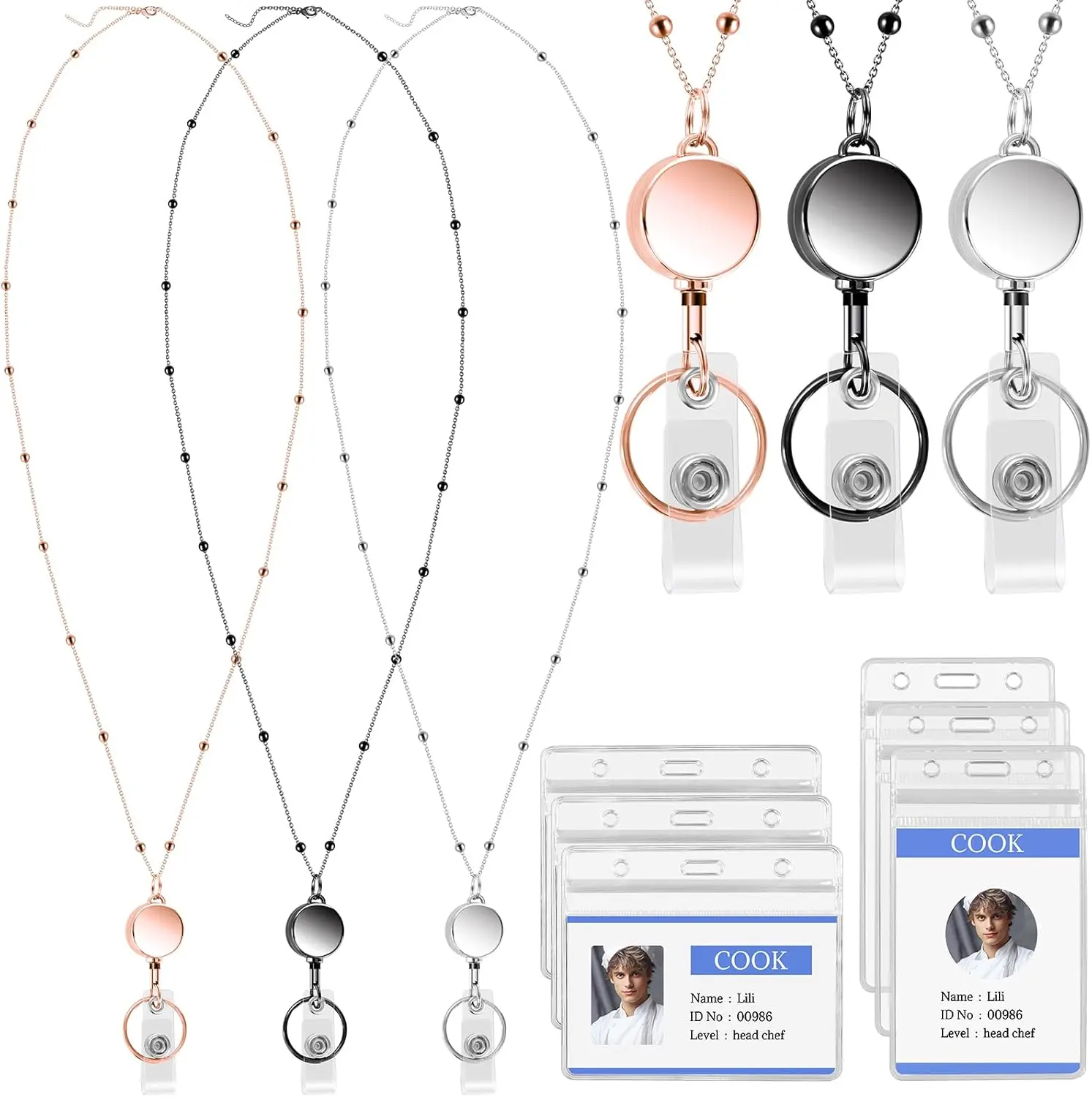 3 count Lanyard Necklace for Id Badges, Beaded Badge Lanyards with  Id Card Holders, Stainless Steel Badge Chain with Retractable Badges Reel Clips for Adults, Nurse, Teacher